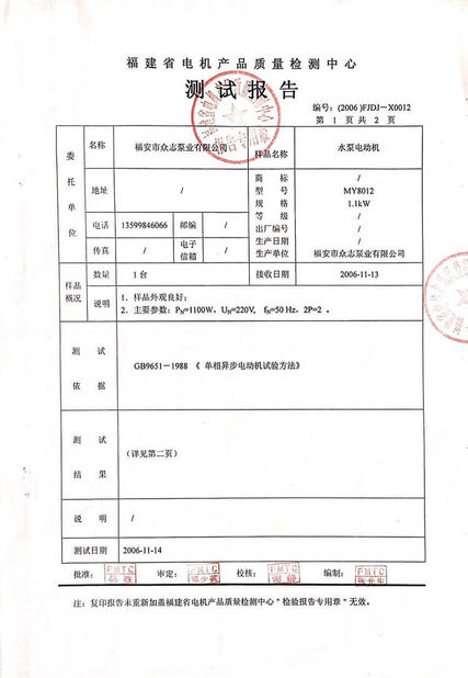 China Fuan Zhongzhi Pump Co., Ltd. certification